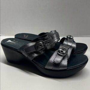Dansko Jessie Sandals Open Toe Leather Double Strap Slides Black Silver Size 10